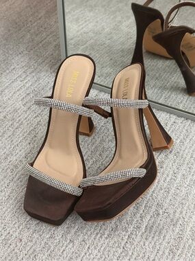 Miss Lola Chocolate Brown Satin Heels with Rhinestone Double Straps